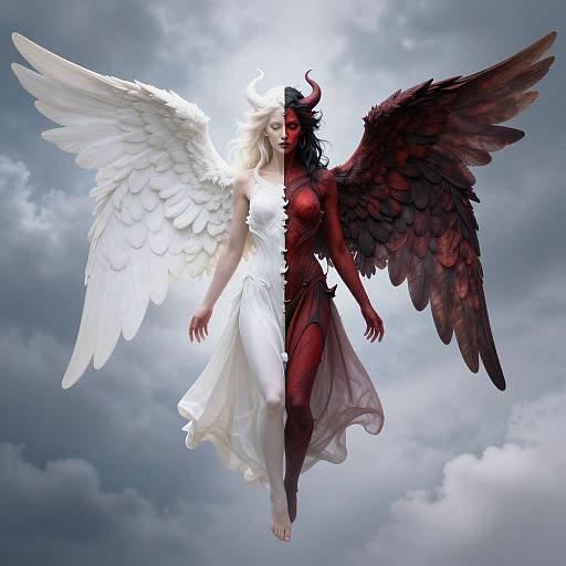 Digital artwork of a dual-winged angel-demoness: one half white with angel wings, the other half red with dark wings, against a cloudy