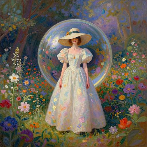 Digital painting of a fair-skinned woman in a white, floral dress and wide-brimmed hat, holding a glowing bubble, standing in a vibrant