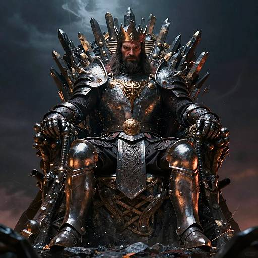 Photorealistic digital artwork of a bearded man in dark, shiny, spiked iron armor throne, glowing with an ominous, cloudy sky background.