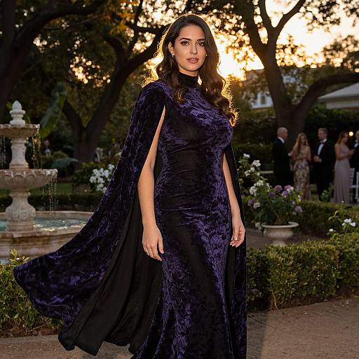 Photograph of a woman in a dark purple velvet gown with a cape, standing in a lush garden at sunset, water fountain in background.