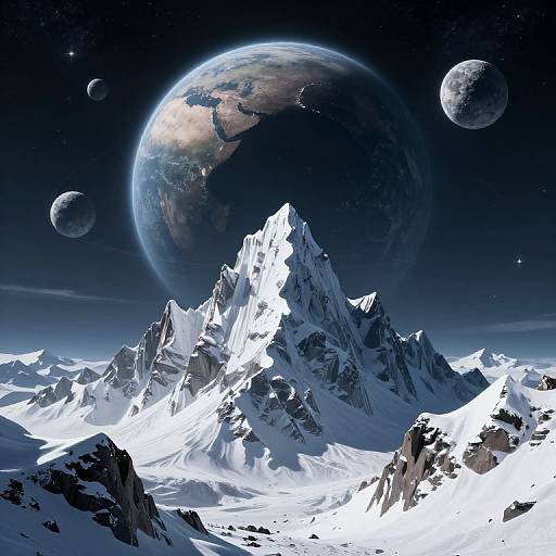 Digital artwork of a snow-covered mountain range under a dark, starry sky with three planets and a large Earth-like planet in the background.