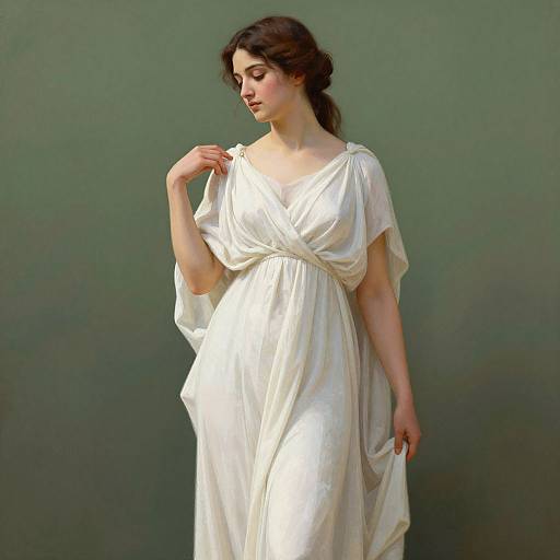 Photorealistic digital painting of a young woman with fair skin and dark hair in a white, classical Greek-style dress, standing against a green background,