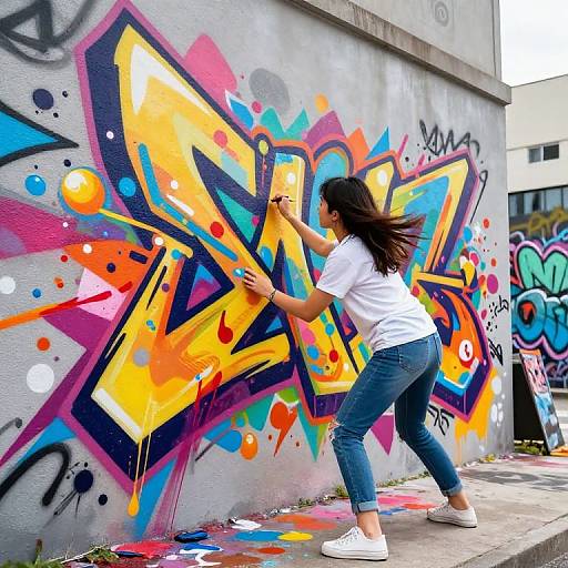 Young woman in white t-shirt and jeans paints vibrant graffiti on concrete wall, surrounded by colorful spray paint splatters. Urban street art scene.