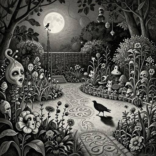 Black-and-white digital drawing of a moonlit garden with whimsical flowers, a carved mask, a bird, and intricate path patterns.