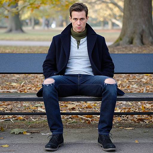 Photograph of a serious young man with short brown hair, wearing a black coat, gray shirt, green scarf, ripped jeans, and black boots,