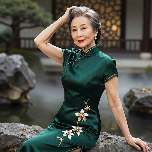 Photograph of an elegant elderly Asian woman in a dark green traditional Chinese dress, sitting on rocks, hand in hair, beside a serene garden pond with