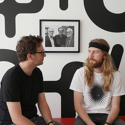 Two Men Sitting with Abstract Wall Art