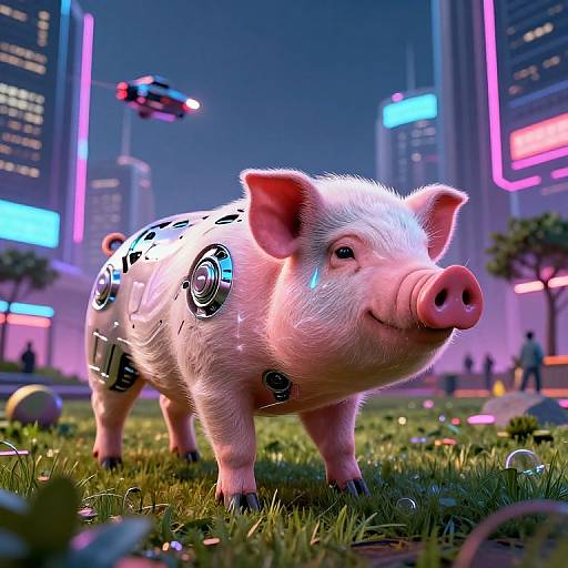 CGI image of a cybernetic pig with glowing circuit patterns standing in neon-lit futuristic cityscape, drone hovering in sky.