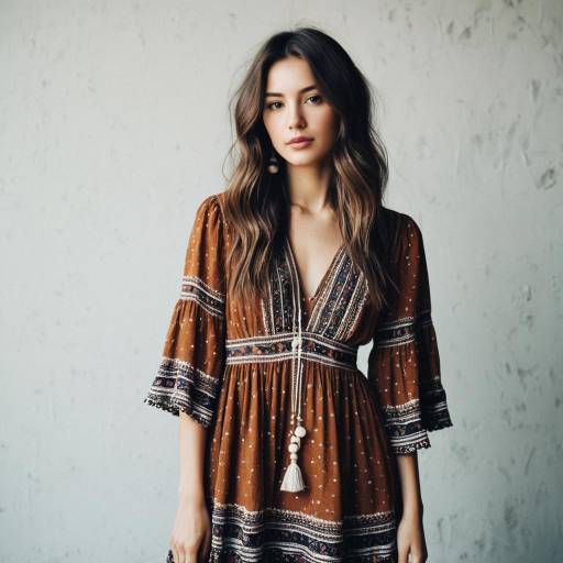 Fashion Influencer with Ash Brown Hairstyle in Bohemian Dress