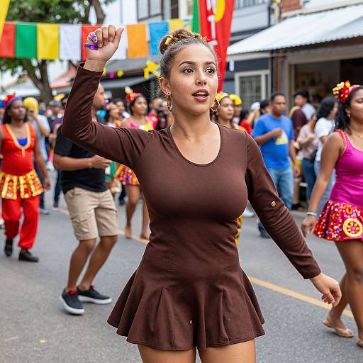 Photograph of a confident Latina woman with light brown skin, dark brown long-sleeve dress, and bun hairstyle, waving in a vibrant street parade