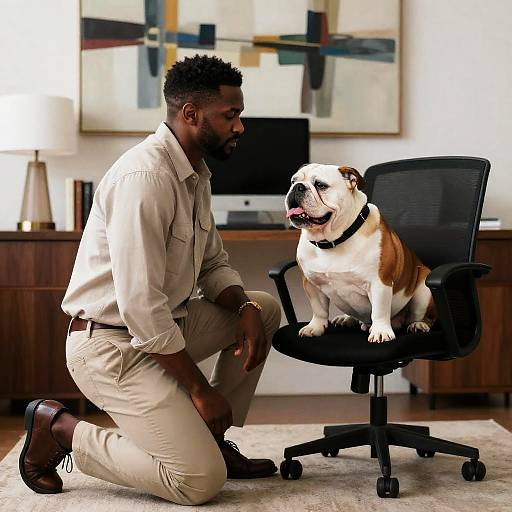 Man Kneeling Next to Bulldog on Office Chair