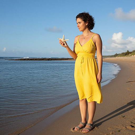 Photograph of a curly-haired woman in a yellow sundress, standing on a sandy beach, holding a seashell, with clear blue sky and