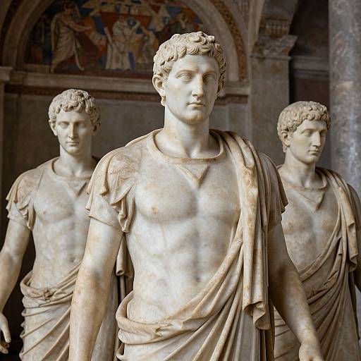 Photograph of three ancient Roman marble statues with muscular, shirtless torsos, draped cloaks, and curly hair, standing in a dimly lit