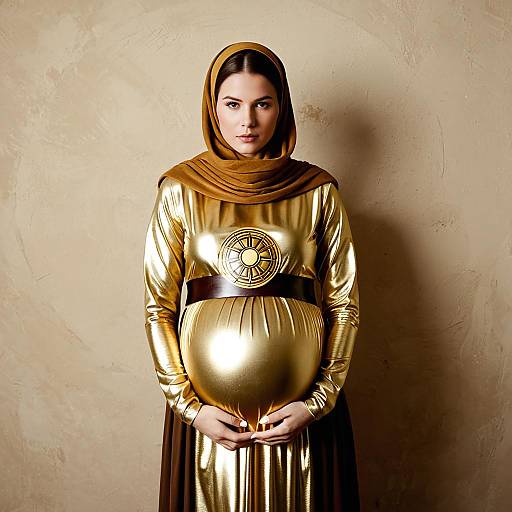 Pregnant Woman in Gold Metallic Costume