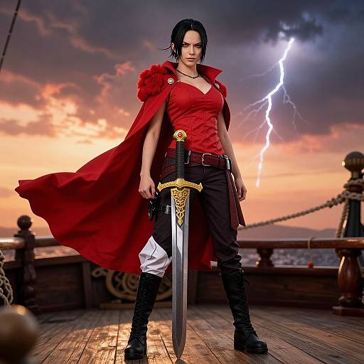 Digital art of a fierce, black-haired woman with a red cape and sword, standing on a wooden ship deck during a stormy sunset, with lightning