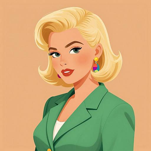 Digital illustration of a blonde woman with short, wavy hair, green blazer, white shirt, colorful earrings, red lipstick, and peach background.