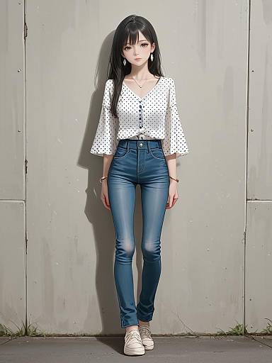 Casual Woman in Navy Polka-Dot Blouse