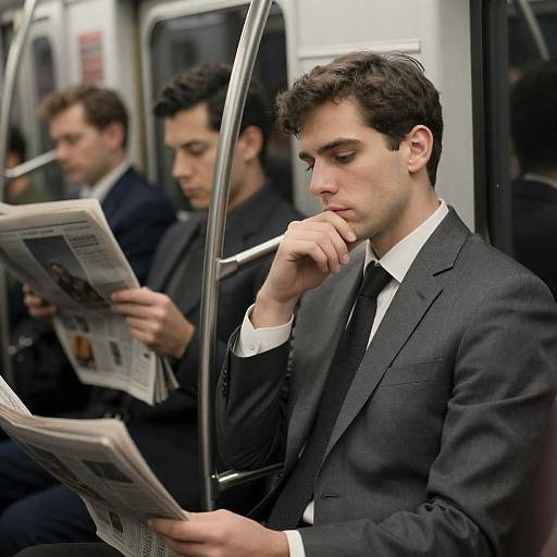 Pensive Man Reading Newspaper on Subway