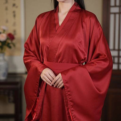 Close-Up of Woman in Red Silk Robe