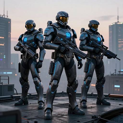 Photorealistic CGI of three futuristic, blue-lit, armored soldiers with yellow visors standing on a rooftop, holding assault rifles, with a city