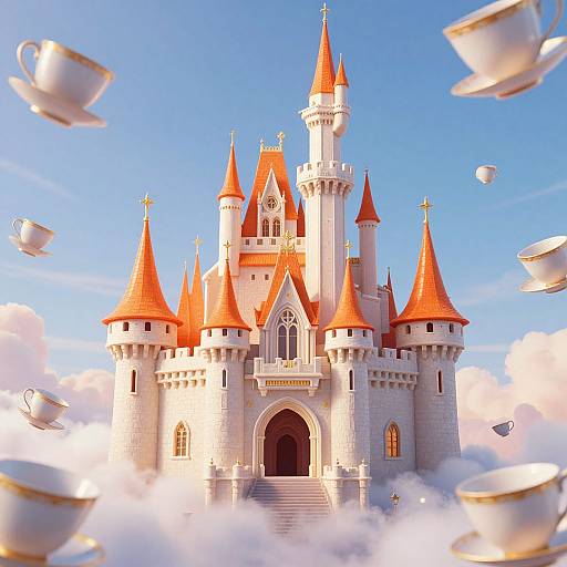 Digital illustration of a whimsical castle with red roofs, surrounded by floating white teacups, set against a bright blue sky with fluffy clouds.