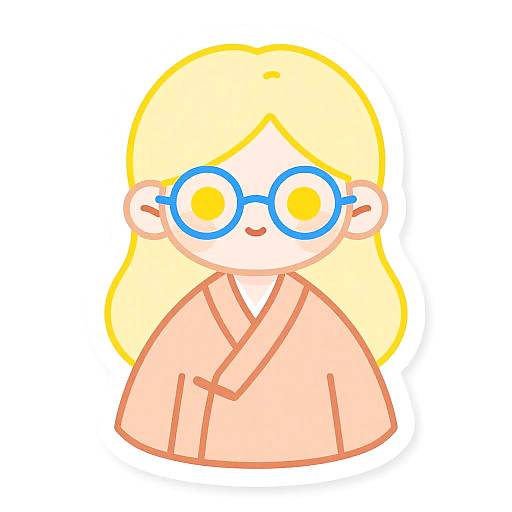 Cute digital drawing of a blonde girl with blue round glasses and peach kimono, smiling, outlined in yellow and pink.