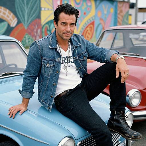 Photograph of a casually dressed man with dark hair, wearing a denim jacket and white shirt, sitting on a blue vintage car in front of a colorful