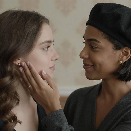 Photograph of a loving moment between a woman with wavy brown hair and light skin, being gently touched by a smiling woman with dark skin and a