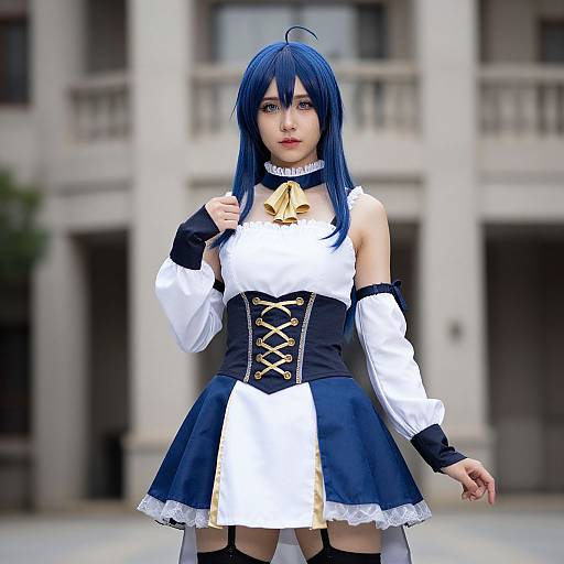 Digital CGI of an anime-style woman with blue hair, wearing a black and white corseted dress with lace, standing in front of a blurred urban