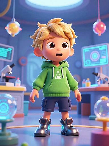 CGI image of a cute, blonde, boy in a green hoodie and black shorts, standing in a futuristic laboratory with glowing orbs and screens. Bright