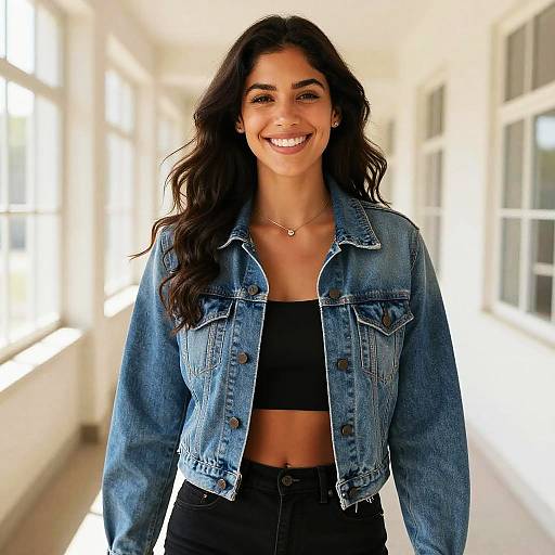 Photograph of a smiling woman with long dark hair, wearing a denim jacket over a black crop top, standing in a bright, sunlit hallway with