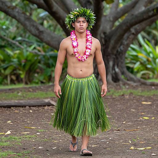 Photograph of a young, shirtless man with spiky green leaf hair, pink flower lei, green grass skirt, and flip-flops, walking