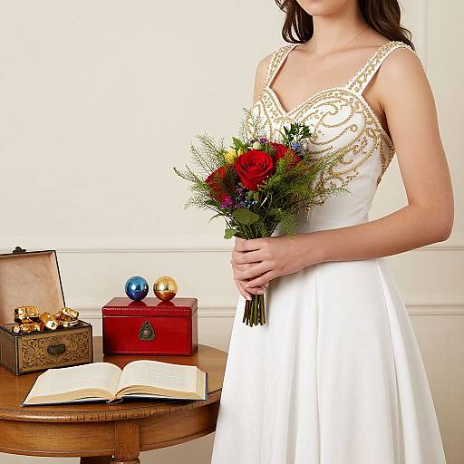 Photograph of a bride in a white, sleeveless gown with gold embroidery, holding a vibrant bouquet, standing beside a wooden table with an open book