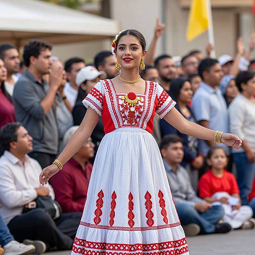 Photograph of a South Asian woman in a red and white traditional dress, performing in a cultural event, with a captivated audience in the background.