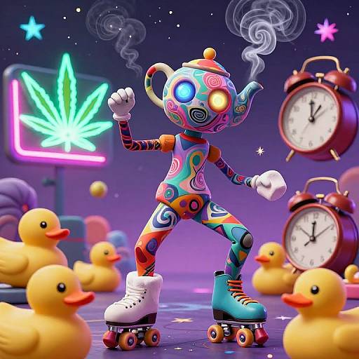 Vibrant digital art: colorful, swirling-patterned robot teapot with glowing eyes, smoking, roller-skating among yellow rubber ducks and clocks in