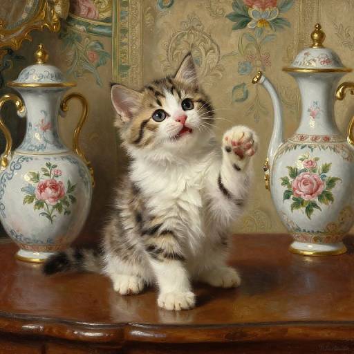 Adorable, fluffy tabby kitten with white and black fur, sitting on a wooden table, raising a paw, flanked by two ornate,