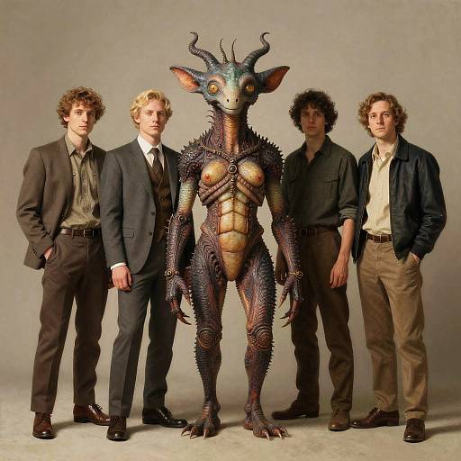 Retro Portrait of Humanoid Alien with Four Men