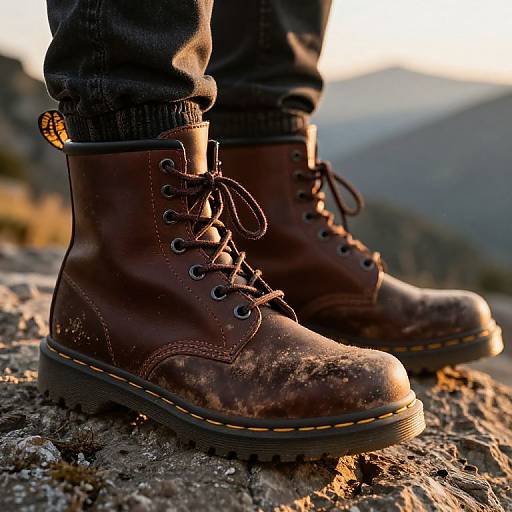 Photograph of weathered brown leather hiking boots with yellow stitching, laced up, standing on rocky terrain at sunset.