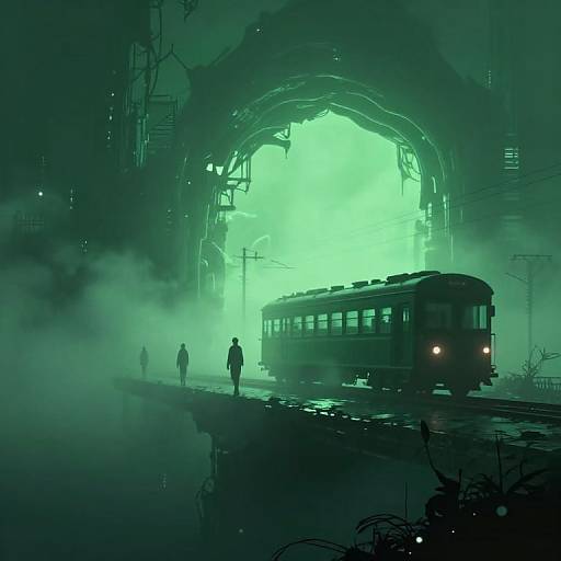 Cyberpunk digital illustration of a green-lit, foggy train station with three silhouetted figures walking towards a vintage train under a massive