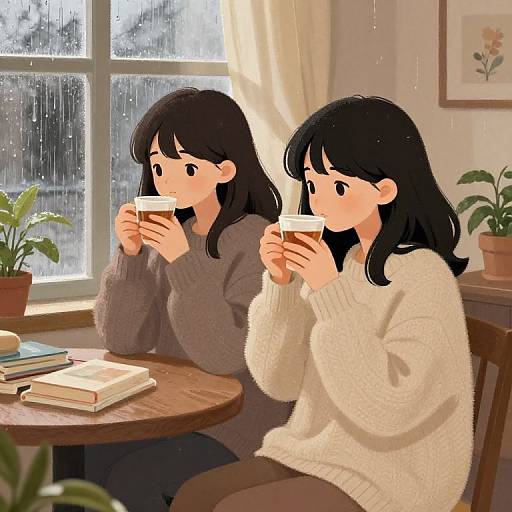Digital anime-style drawing of two black-haired women in cozy sweaters, sipping from mugs by a rainy window, potted plant, books,