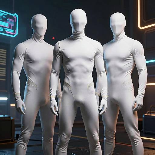 Three faceless, muscular, white, full-body suits stand in a neon-lit, futuristic cityscape, with blue and pink holographic screens in