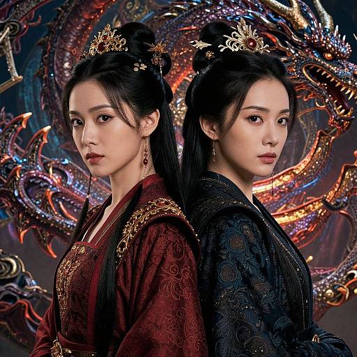 Digital art of two East Asian women in ornate kimonos, back-to-back, with dragon motifs, gold crowns, and intricate patterns.