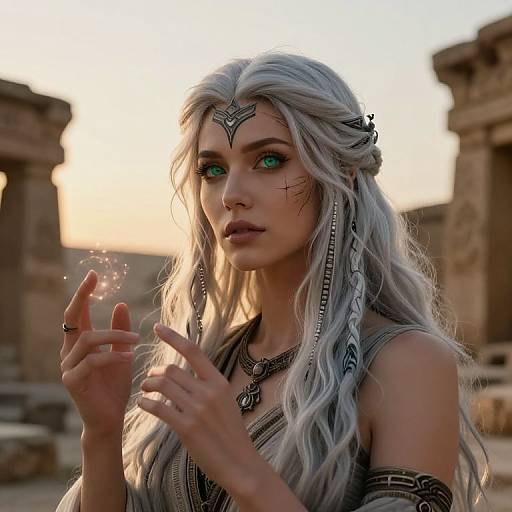 Photorealistic digital art of a silver-haired, green-eyed, fantasy woman with intricate headpiece, glowing fingers, and ancient ruins in the background.