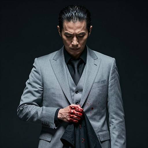 Man in Gray Suit with Blood-Stained Hand
