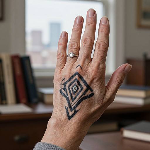 Photograph of a light-skinned hand with a geometric black tattoo on the back, wearing a silver ring, raised against a blurred indoor background with books