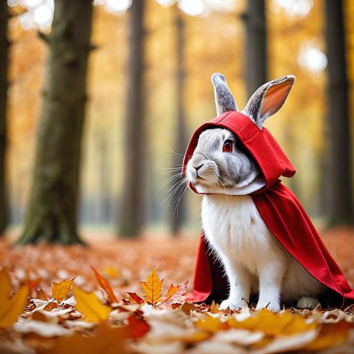 Rabbit in Red Hooded Cloak in Autumn Forest
