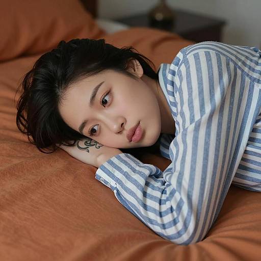 Contemplative Woman on Orange Bed