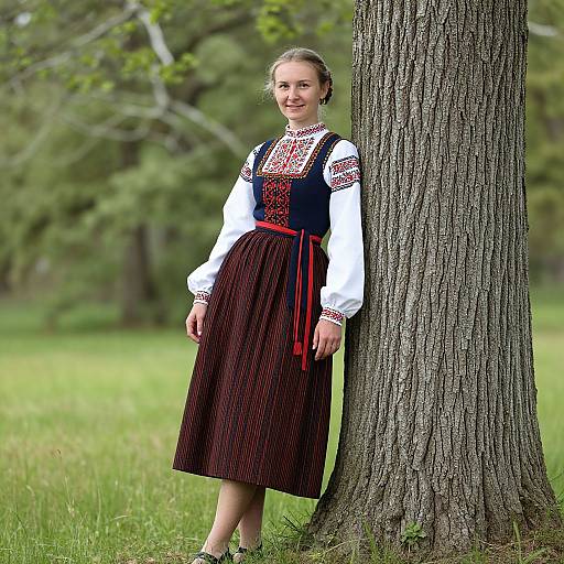 Photograph of a smiling young woman in traditional Eastern European attire, leaning against a tree in a lush, green forest.