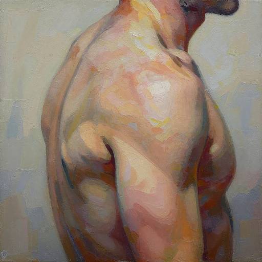 Impressionistic painting of a muscular, shirtless man's upper body in profile, showcasing vibrant, blended colors with a textured brushstroke style.