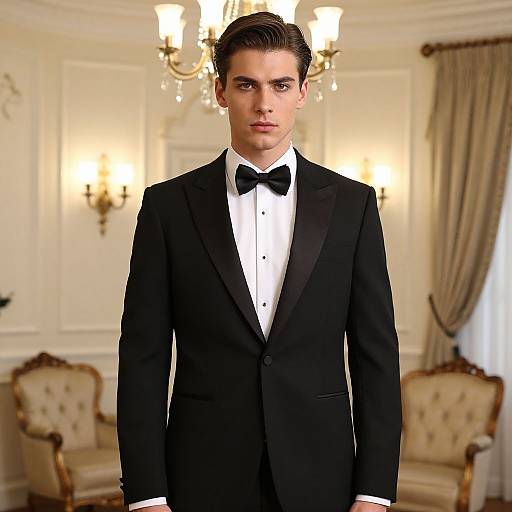 Photograph of a handsome young man with dark hair, wearing a black tuxedo, white shirt, and black bow tie, standing in an elegant